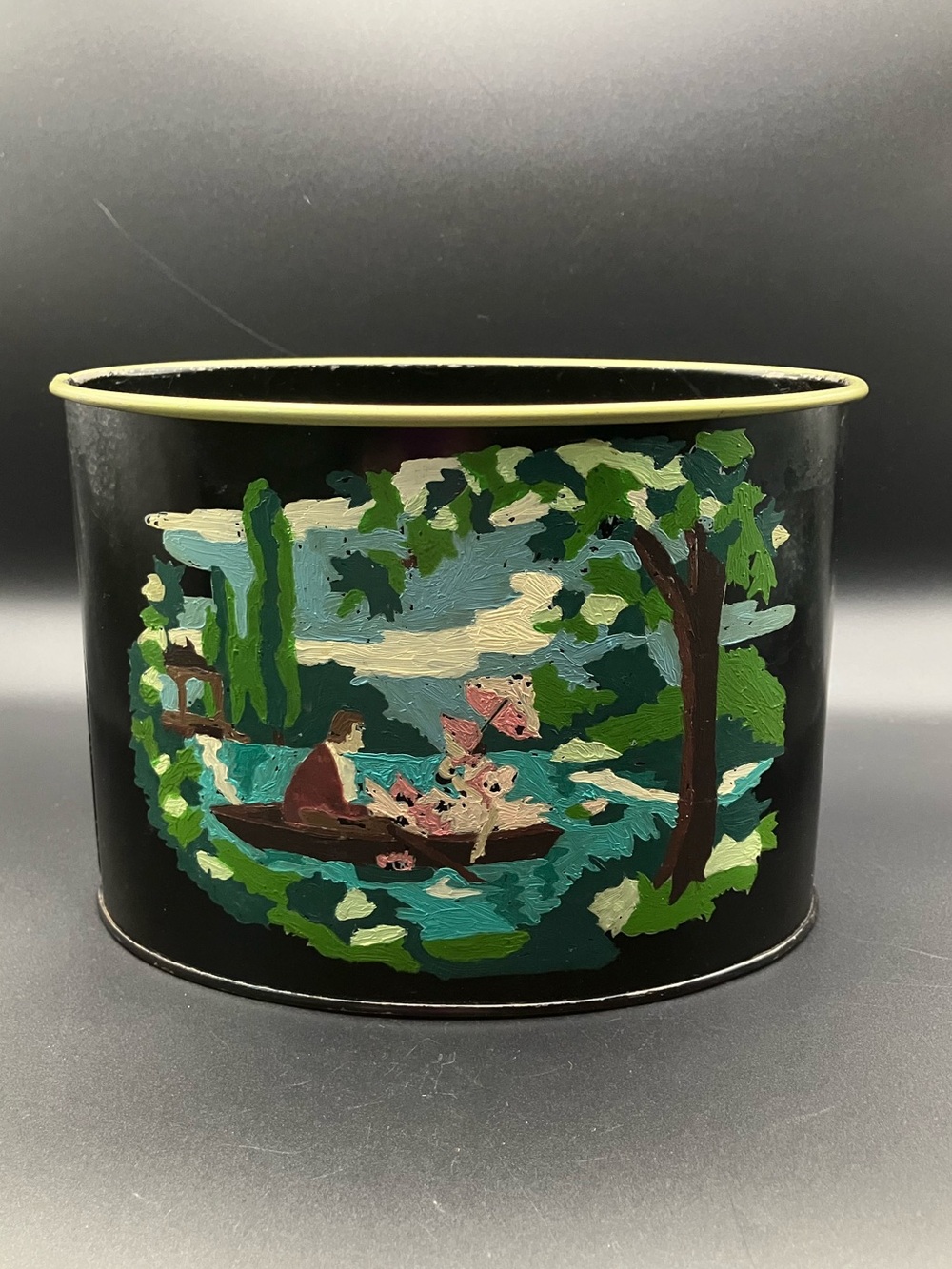 Vintage Paint by Number Black Oval Metal Desk Caddy Lakeside Canoe Scene